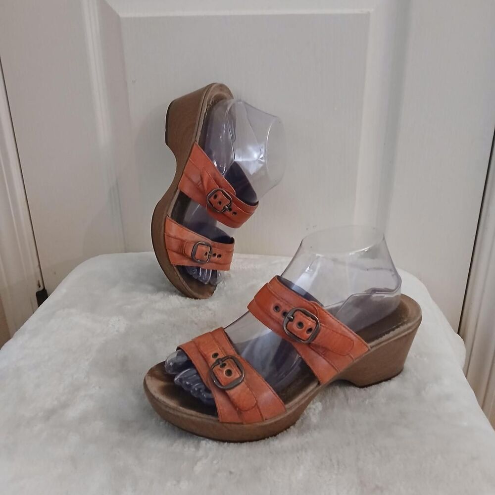 Dansko Orange Double Strap Leather Buckle Mules 39 Boho Granola Y2K Mcbling